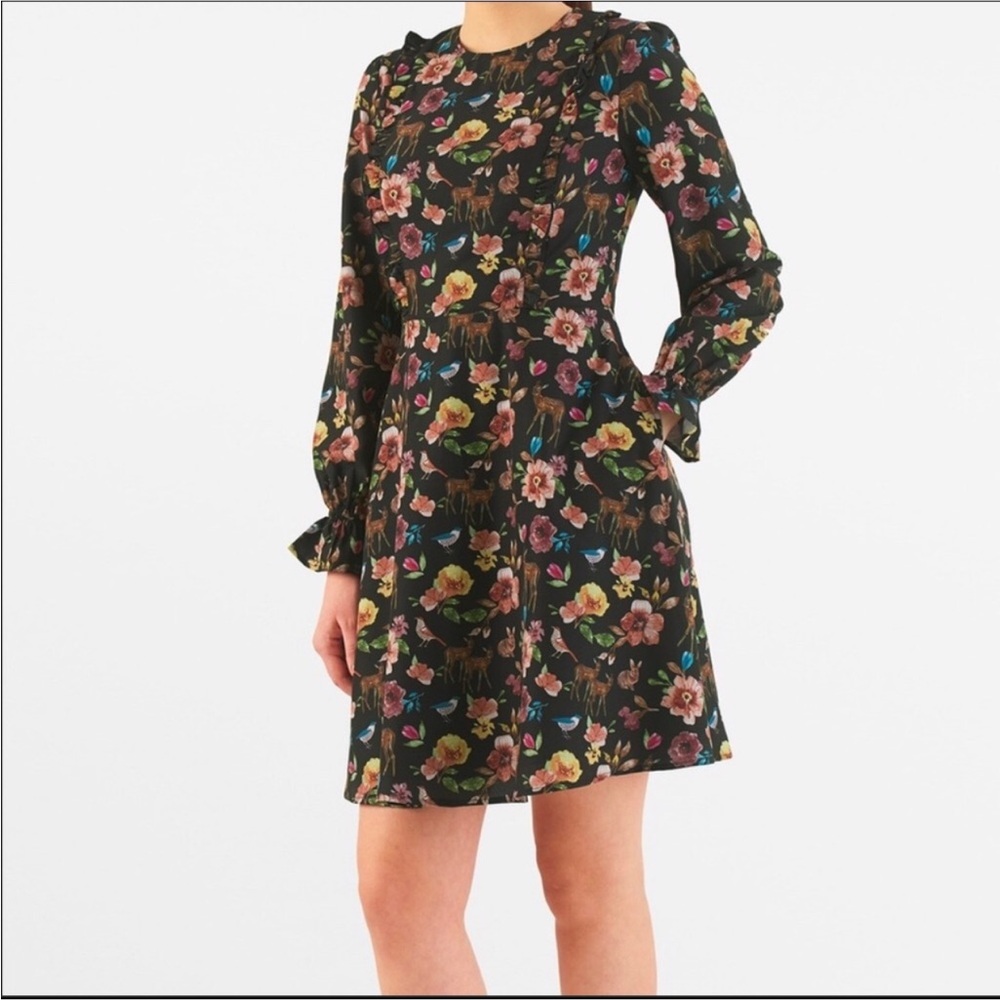 eShakti Woodland Floral Dress size‎ XL 18 Long Sleeve Ruffle Deer Bunny Bird